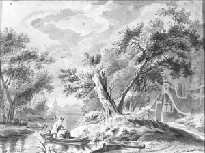 River Landscape with Man in Rowing Boat and Tree-Lined Shore River Landscape with Man in Rowing Boat and Tree-Lined Shore