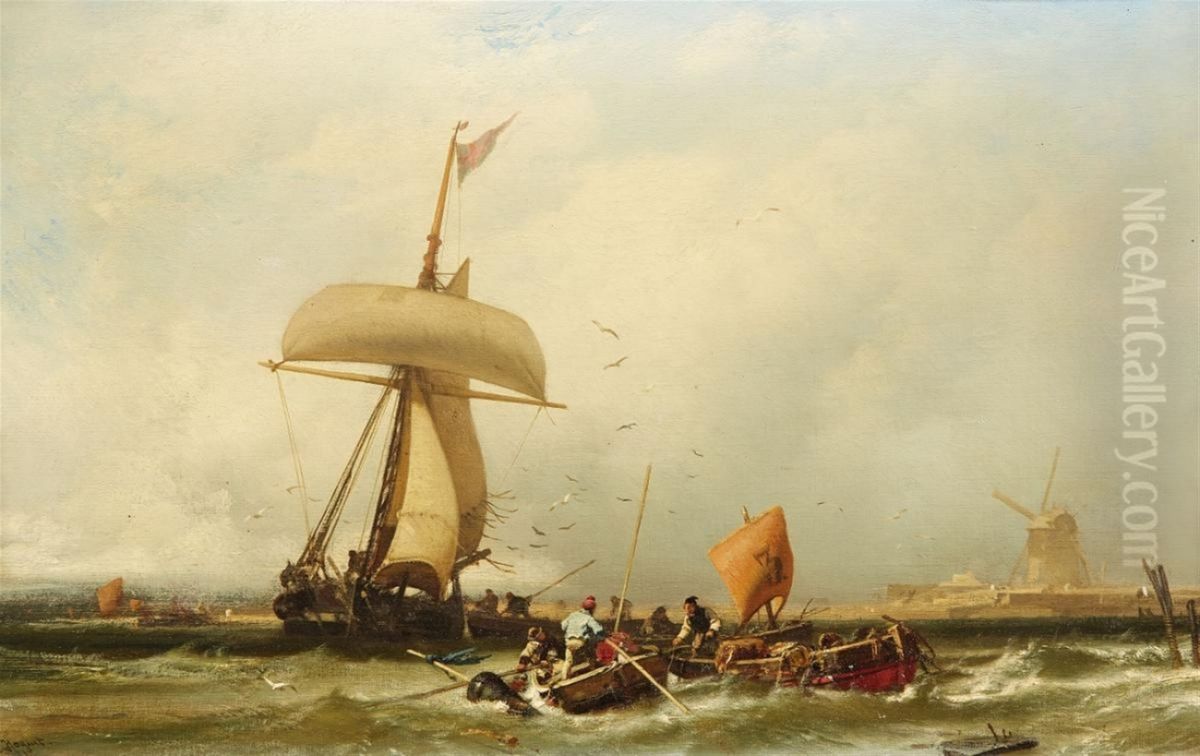 Hollandische Kustenansicht mit Segelschiff und Booten Oil Painting by Charles Hoguet