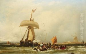 Hollandische Kustenansicht mit Segelschiff und Booten