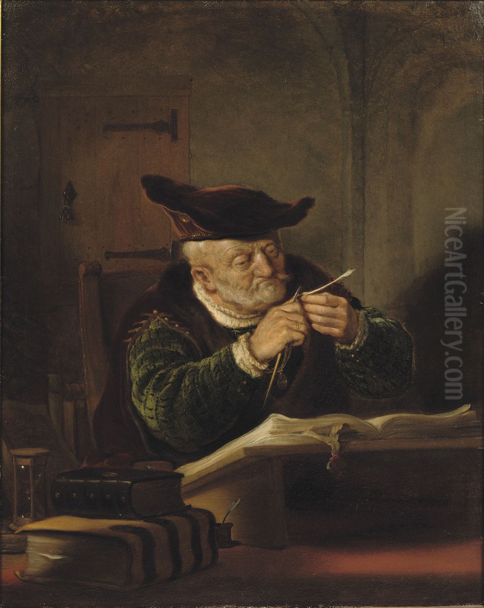 Geleerde scherpt zijn ganzenpen Oil Painting by Salomon Koninck