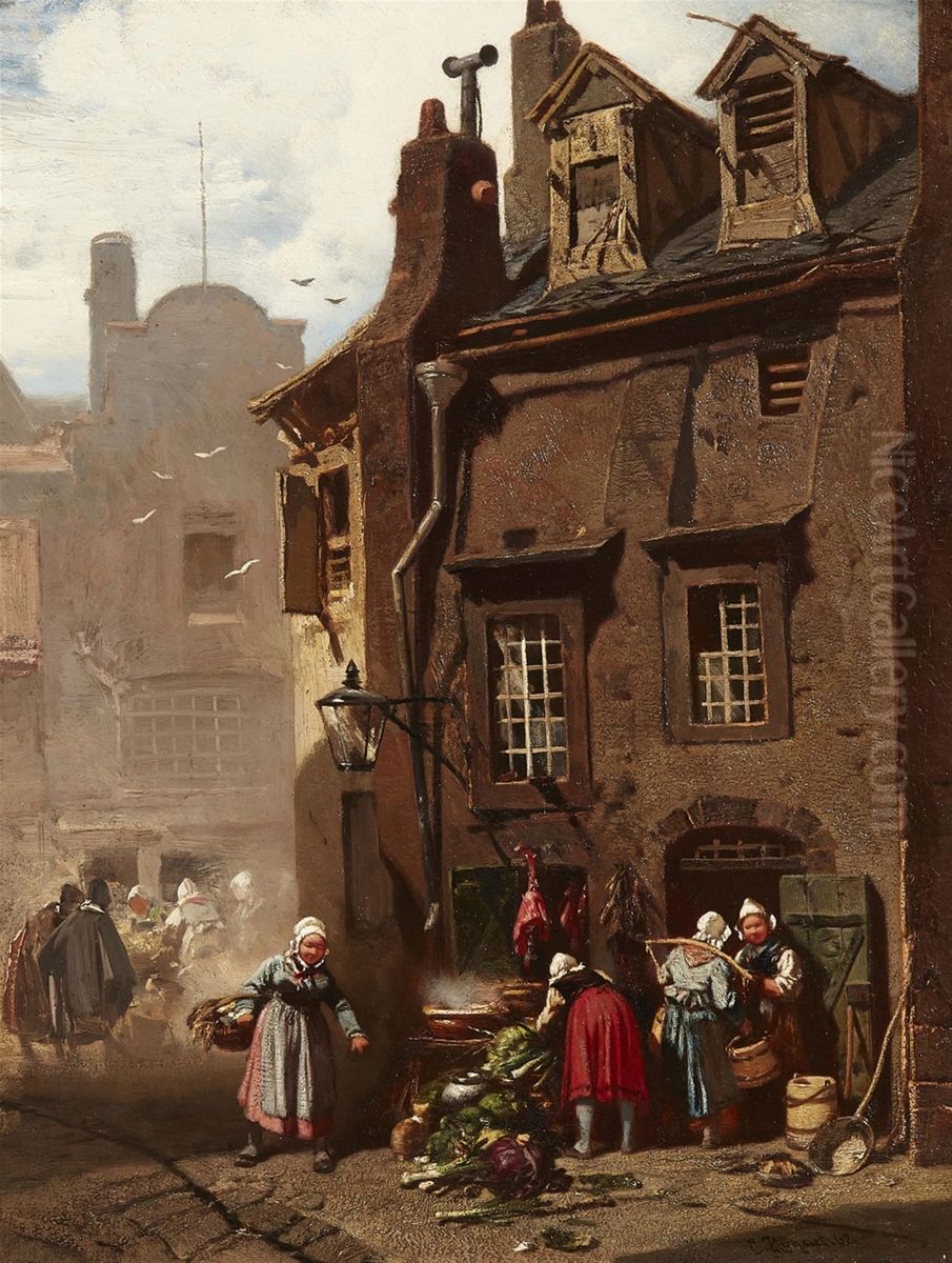 Markttreiben in einer mittelalterlichen Stadt Oil Painting by Charles Hoguet