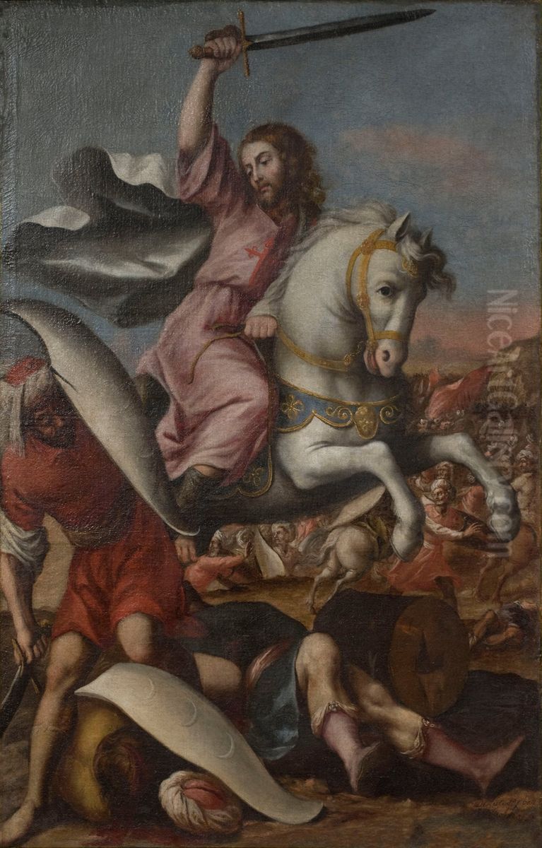Santiago batallando con los moros Oil Painting by Lucas De Valdes