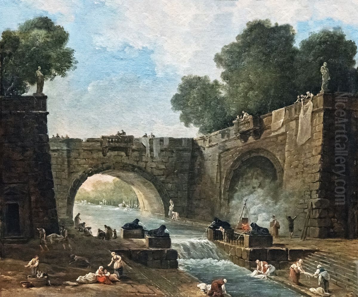 Landscape with bridgeFrancais:Paysage au pontItaliano:Paesaggio al ponte Oil Painting by Hubert Robert