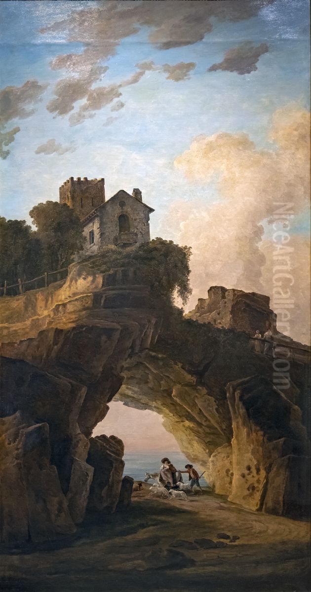 Shepherds under a caveFrancais:Bergers sous une grotteItaliano:Pastori sotto una grotta Oil Painting by Hubert Robert