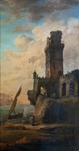 Castle in ruins on a shoreFrancais:Chateau en ruine sur un rivageItaliano:Castello in rovina su una spiaggia