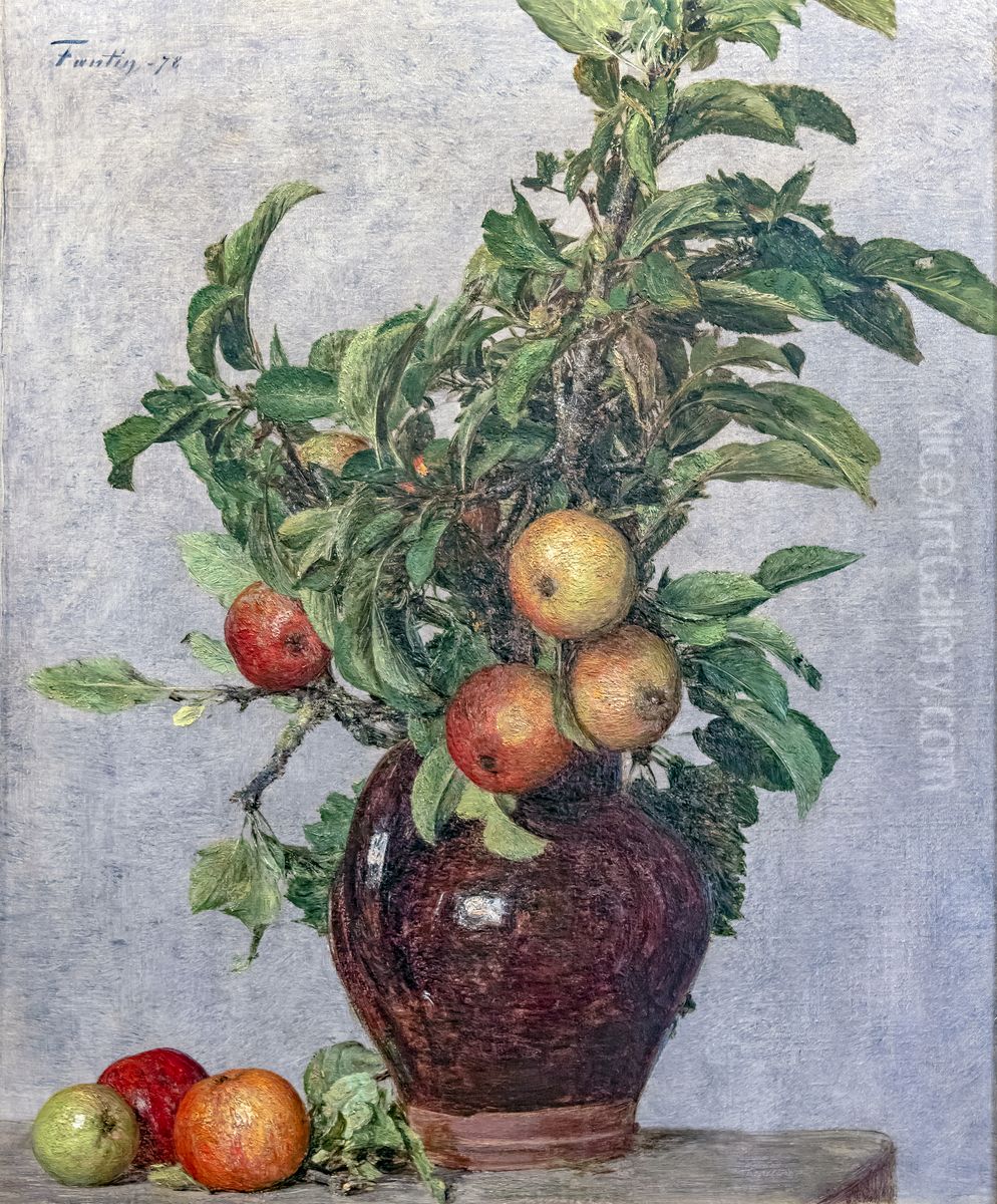 Vase with apples and foliageFrancais:Vase aux pommes et feuillageItaliano:Vaso con mele e fogliame Oil Painting by Henri Fantin-Latour