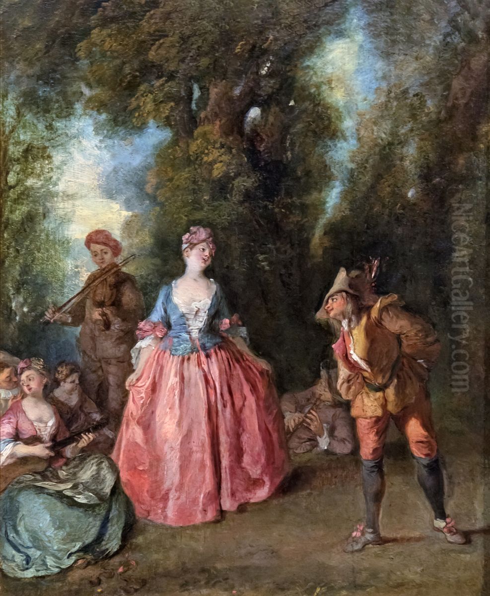Galante feast representing a lady dancing with PulcinellaFrancais:Fete galante representant une dame dansant avec PulcinellaItaliano:Festa di Galante che rappresenta una danzatrice che balla con Pulcinella Oil Painting by Nicolas Lancret