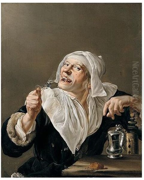 An old woman drinking from a wine glass Oil Painting by Petrus Staverenus