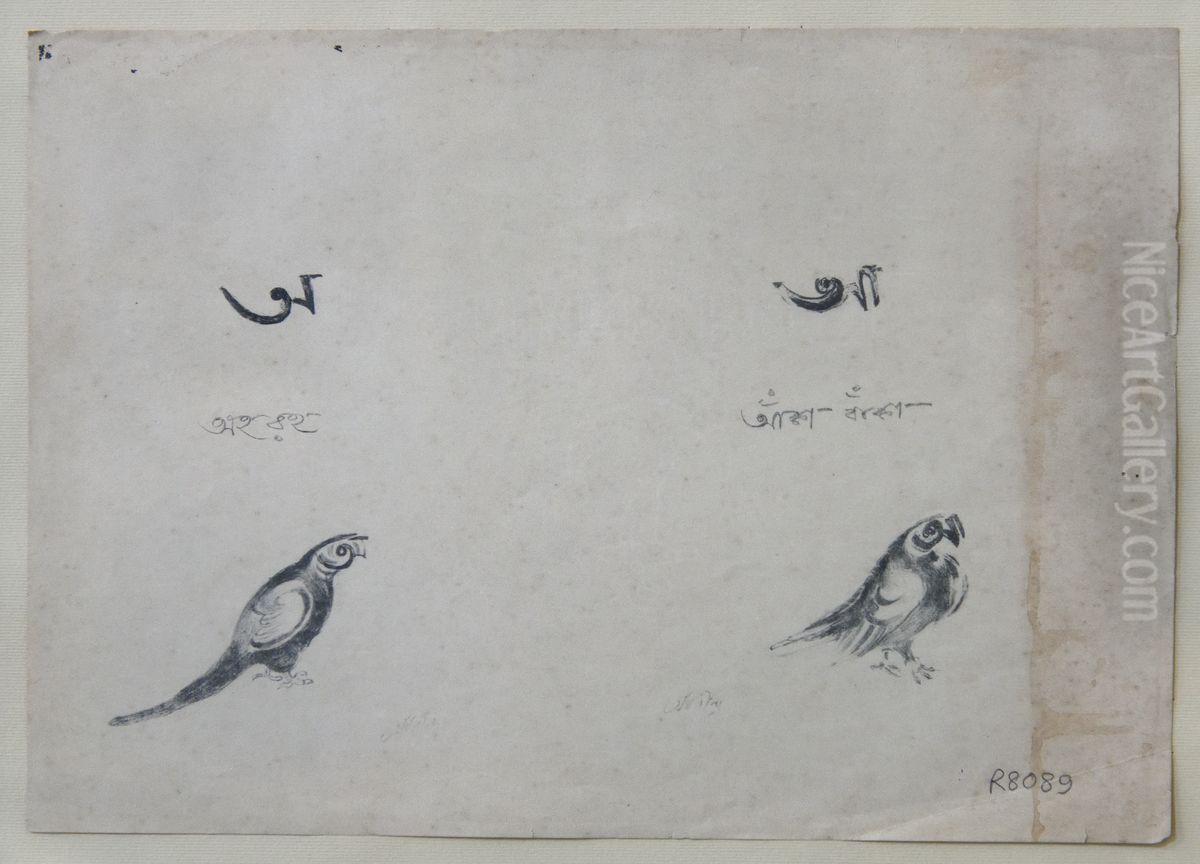 Design Alphabet in Bengali - two alphabets in the shape of two birds Oil Painting by Abanindranath Tagore