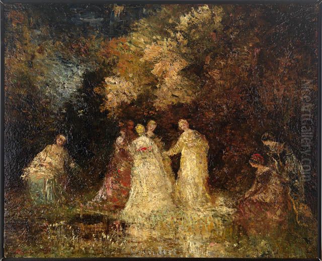 On the River Bank Oil Painting by Adolphe Joseph Thomas Monticelli
