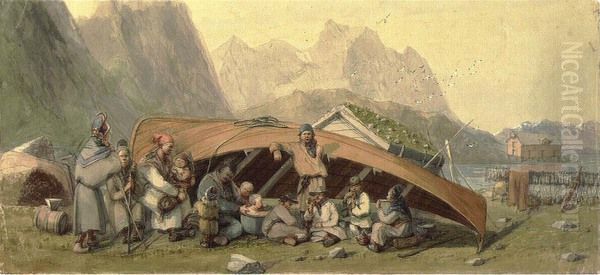 Group of Samis by a Boat Oil Painting by Hans Johan Frederik Berg