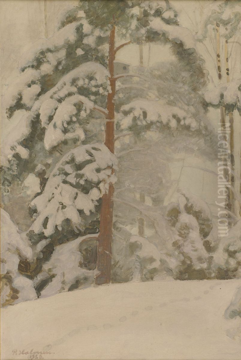 Honka lumessa (fi); Pine Tree in Snow (en); Furan i snon (sv) Oil Painting by unknown