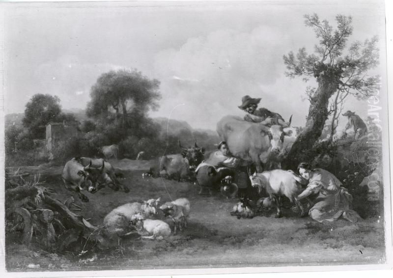 Landscape with Two Milkmaids Oil Painting by Nicolaes Pieterszoon Berchem