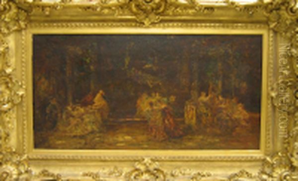 Figures in a Forest Oil Painting by Adolphe Joseph Thomas Monticelli