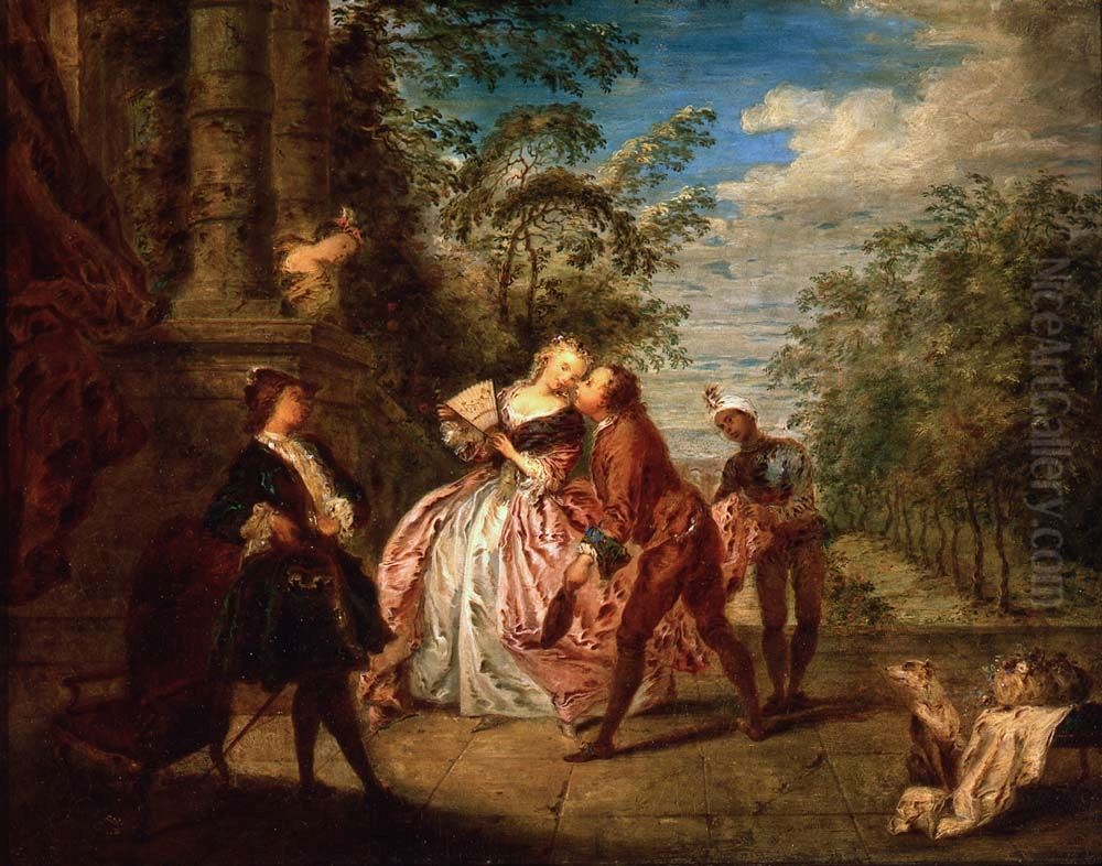 Le Baiser rendu. D'apres un conte de Jean de la Fontaine Oil Painting by Jean-Baptiste Pater