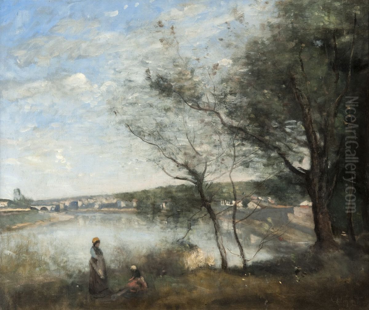 Corbeil vu de loin: Derriere les arbres, le Matin Oil Painting by Jean-Baptiste Camille Corot