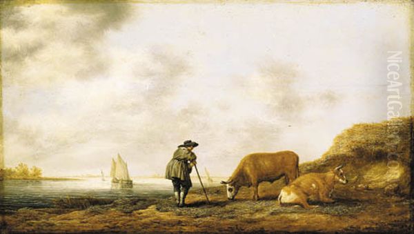 Rivieroever met een herder, een stier en een koe Oil Painting by Aelbert Cuyp