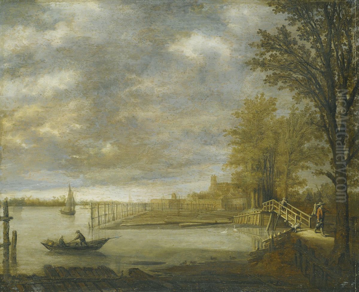 View of Dordrecht from the south, on the foreground the lumber yards Oil Painting by Aelbert Cuyp