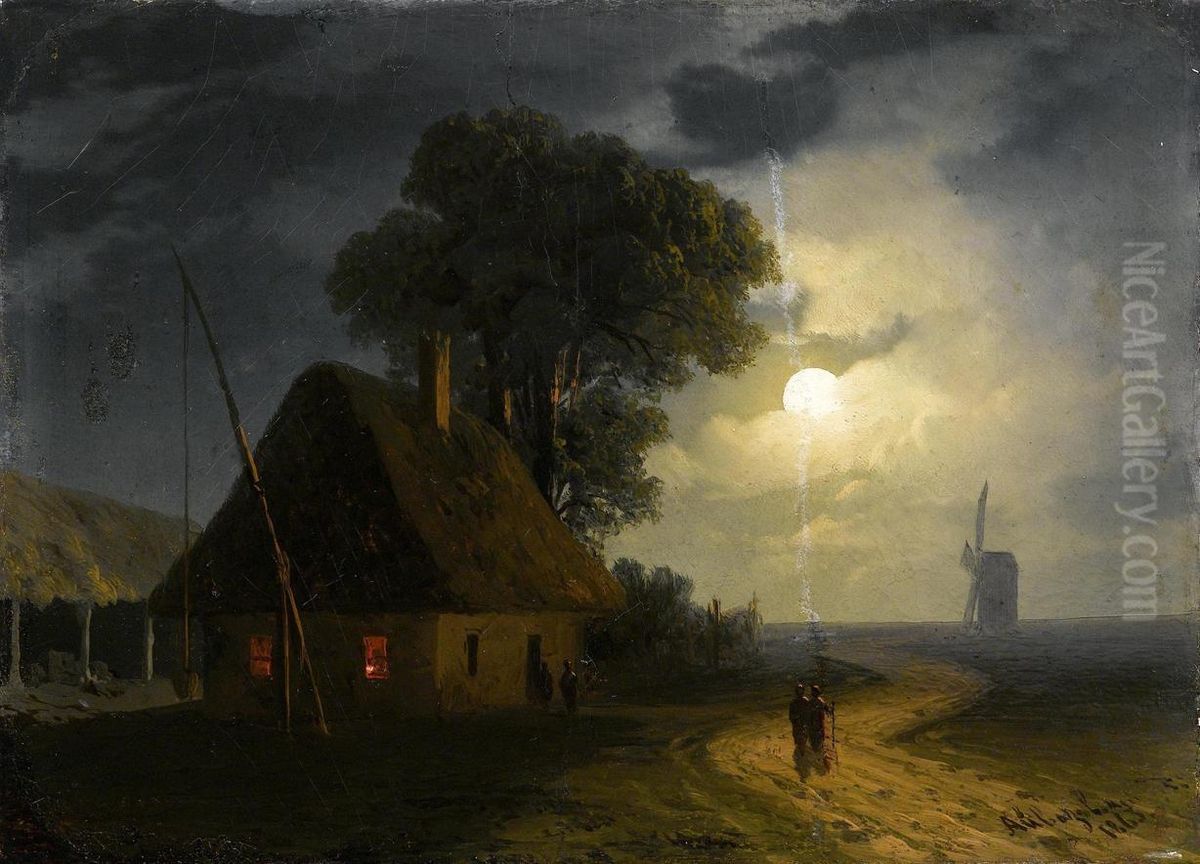 Farm House and Windmill by moonlight Oil Painting by Ivan Aivazovsky