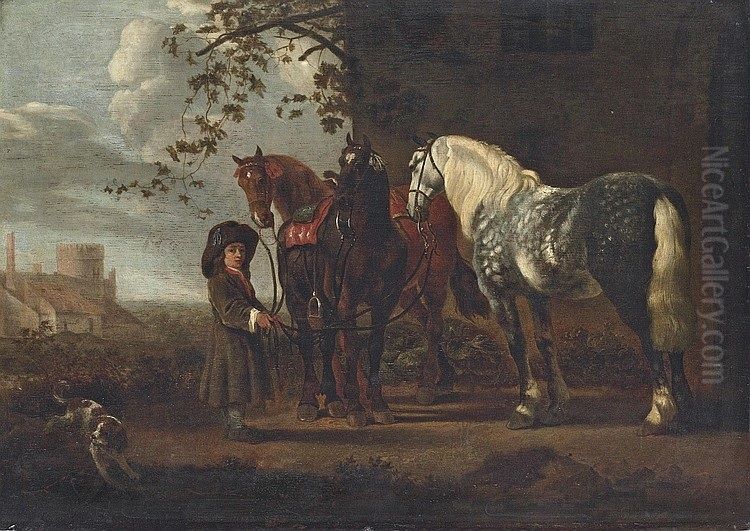 Boy Holding Three Horses Oil Painting by Abraham Van Calraet