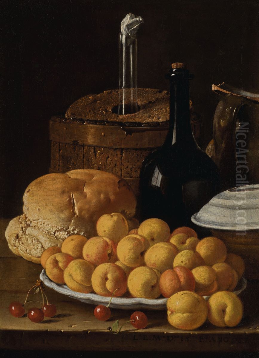 Still life with a plate of apricots, cherries, bread, a wine cooler and receptacles Oil Painting by Luis Egidio Melendez