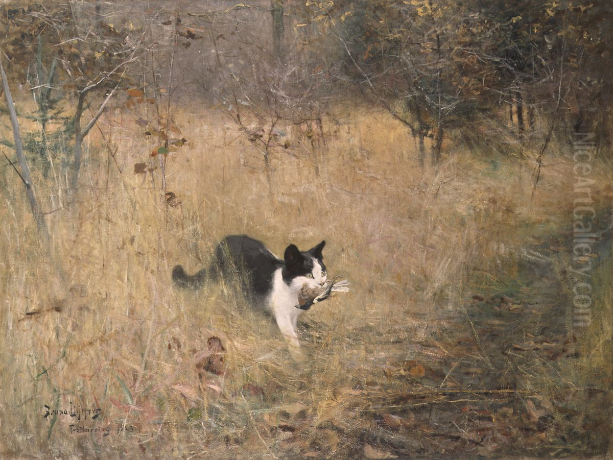 Katt pa fageljakt Oil Painting by Bruno Andreas Liljefors