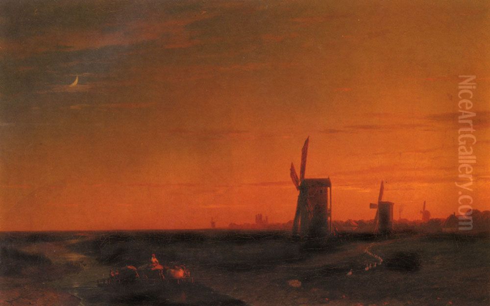 Landscape with Windmills Oil Painting by Ivan Aivazovsky