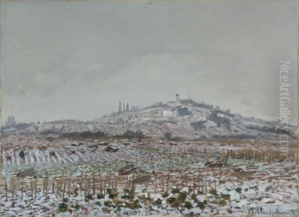 Vineyards in the Snow, Looking Towards the Mill at Orgemont Oil Painting by Claude Oscar Monet