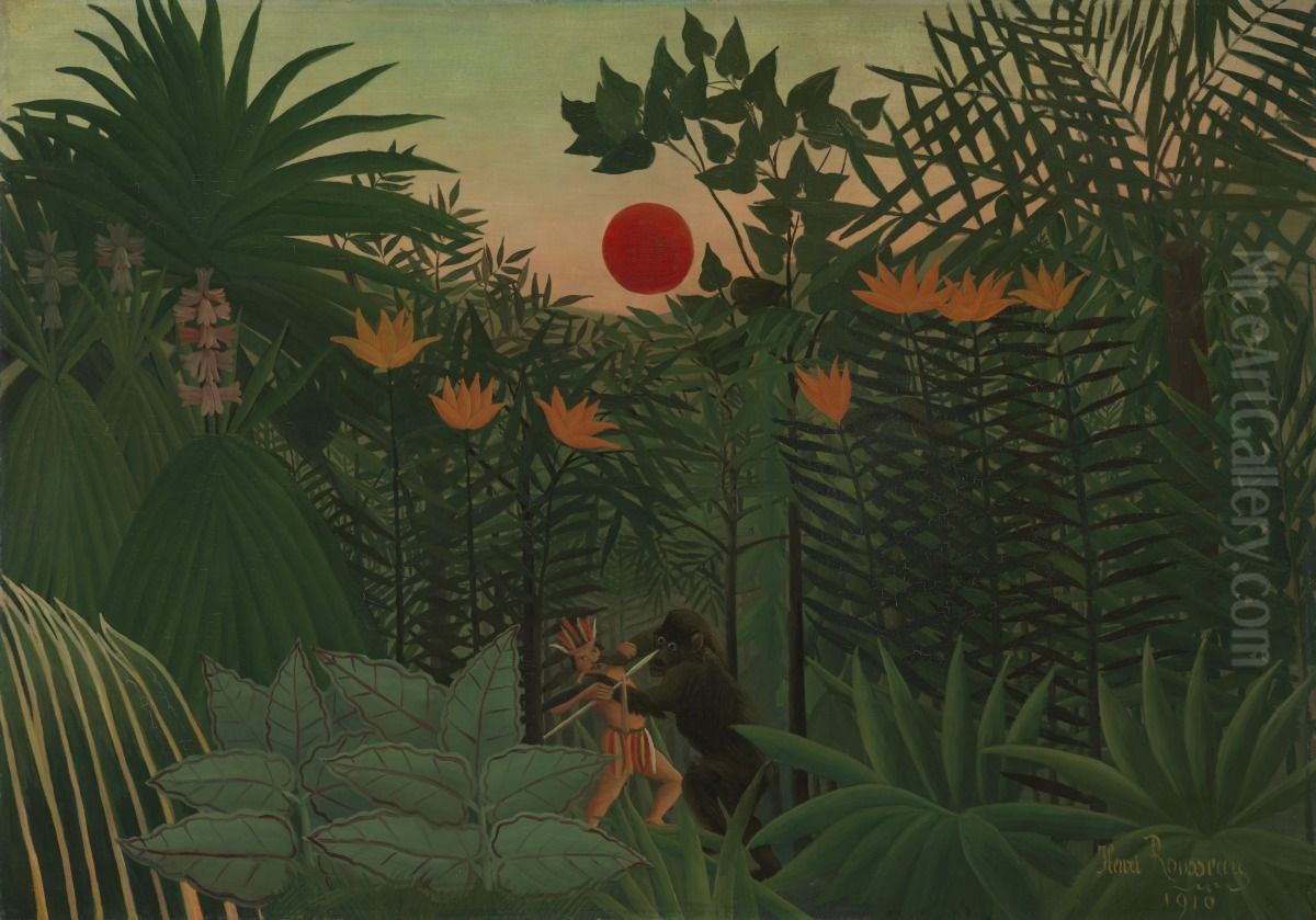 American Indian Struggling with a Gorilla Oil Painting by Henri Julien Rousseau