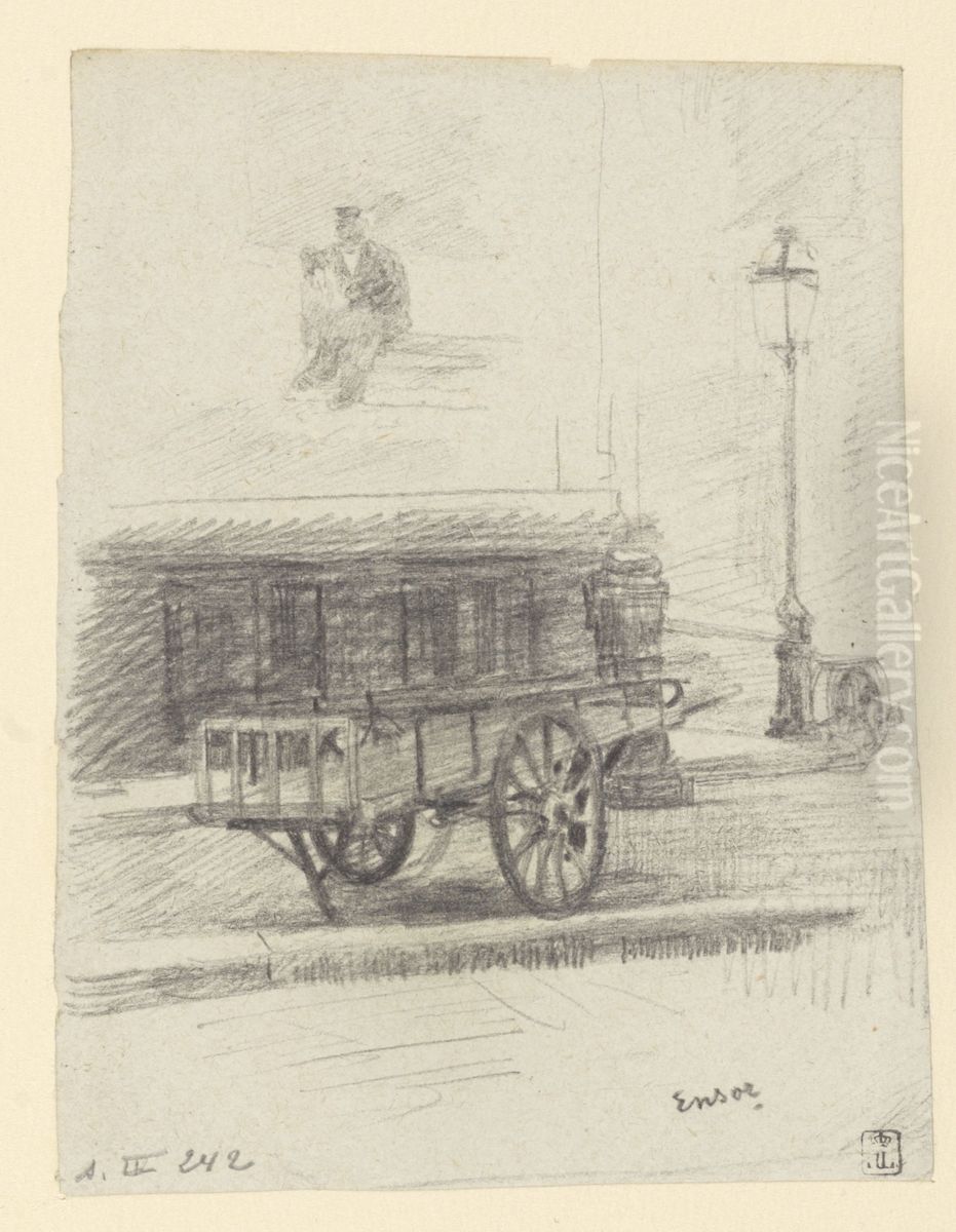 View of a street with a barrow, a streetlamp and a man sitting on a bench Oil Painting by James Ensor
