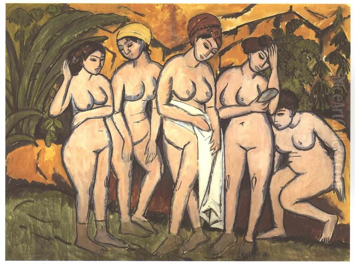 Five Bathing Women at a Lake Oil Painting by Ernst Ludwig Kirchner