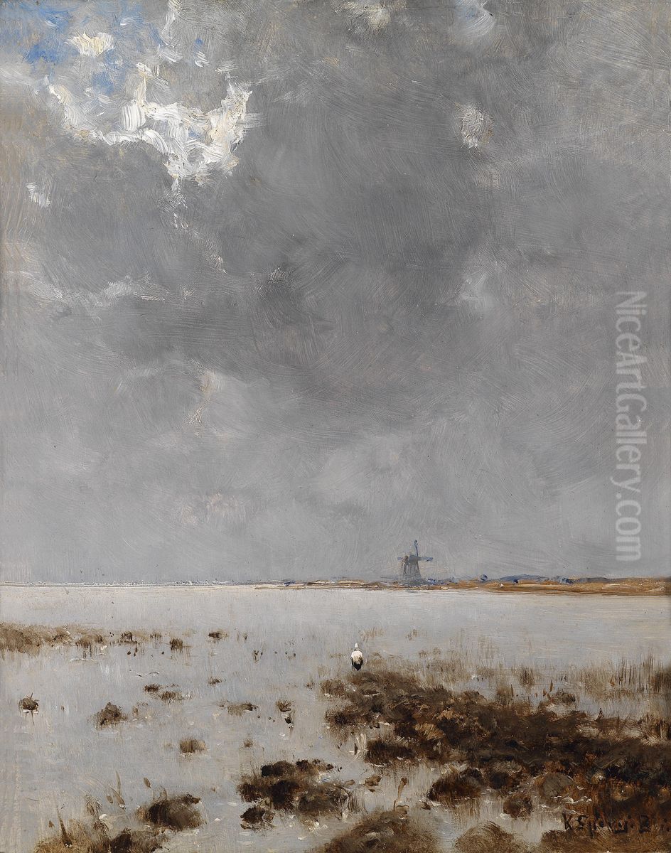 Sea landscape with Windmill Oil Painting by Bela Spanyi
