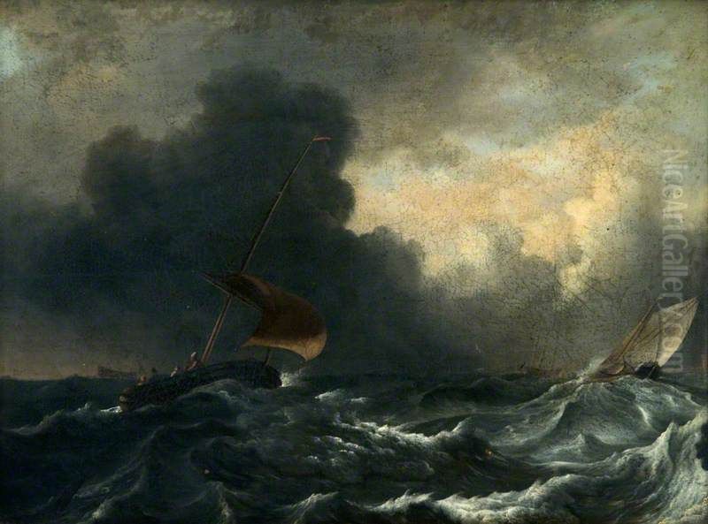 Storm op zee; rechts in de verte een kustlijn en de contouren van een toren Oil Painting by Ludolf Bakhuizen