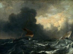 Storm op zee; rechts in de verte een kustlijn en de contouren van een toren