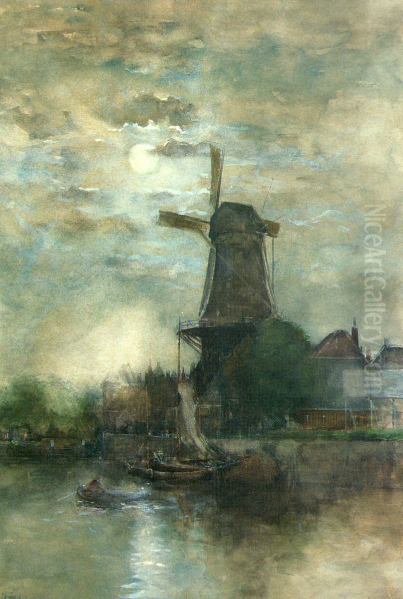 A Moonlit Windmill Oil Painting by Fredericus van Rossum du Chattel