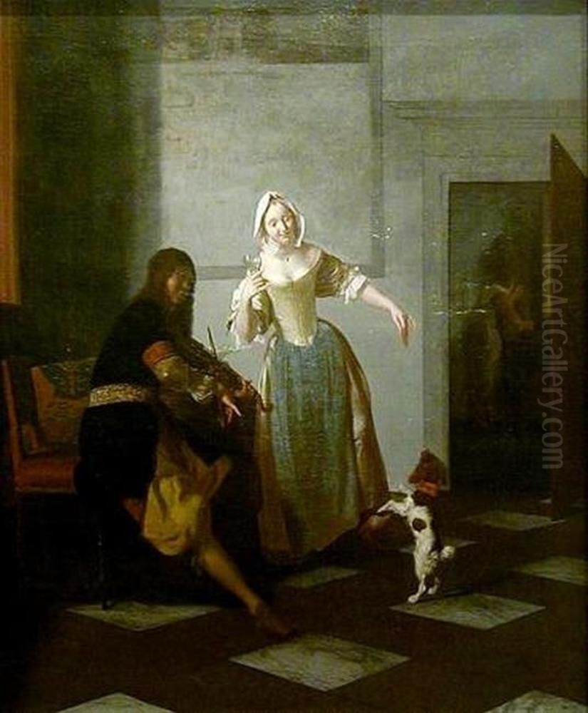 Violin player and a young woman playing with a dog Oil Painting by Jacob Ochtervelt