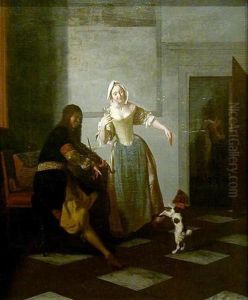 Violin player and a young woman playing with a dog Violin player and a young woman playing with a dog