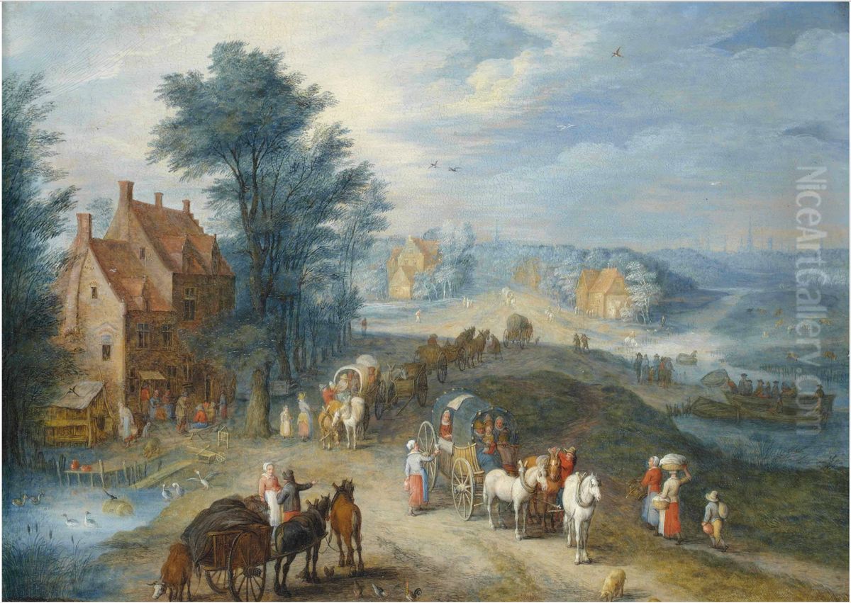 Village Street with Travellers Oil Painting by Joseph van Bredael