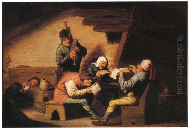 The Sense of Hearing, one of the five senses Oil Painting by Adriaen van Ostade