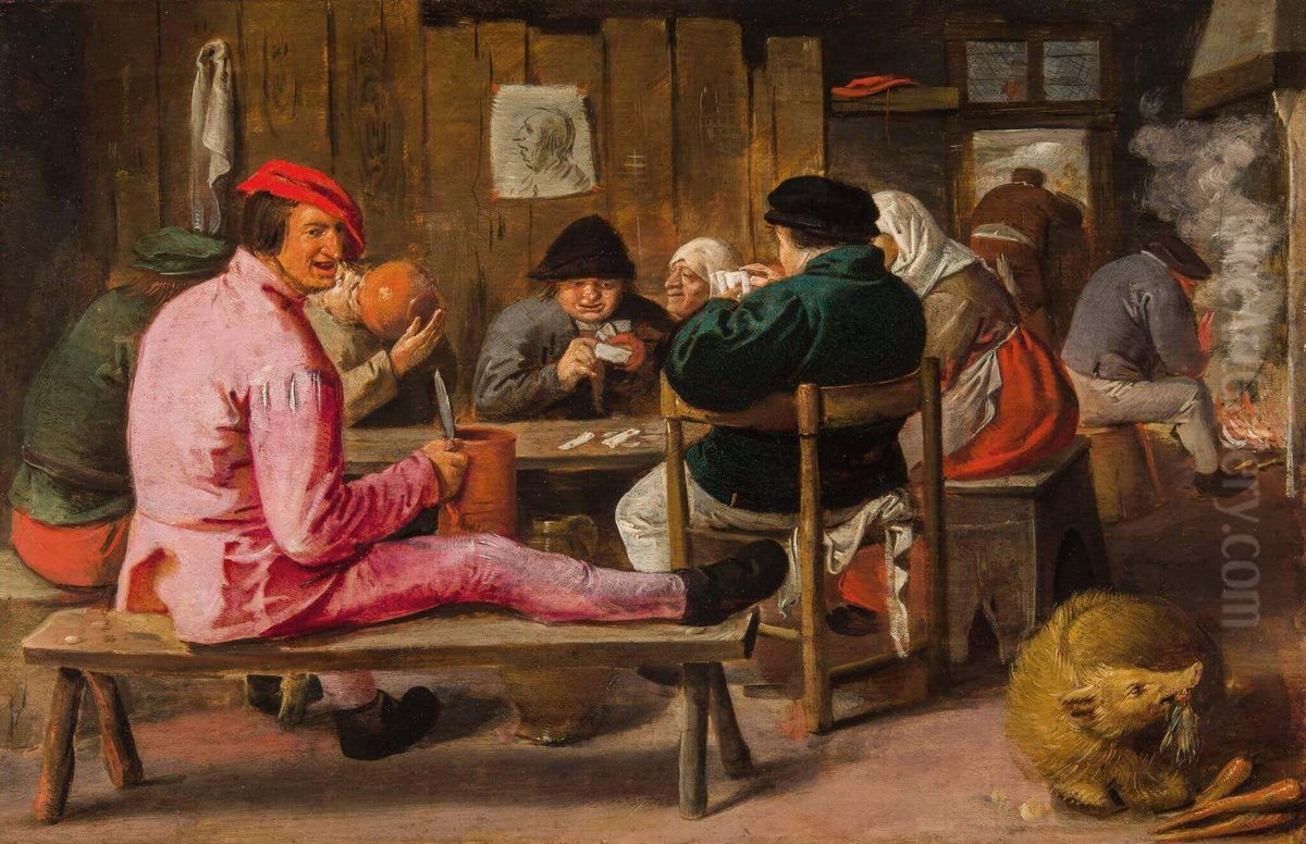 Merry Peasants in an Inn Oil Painting by Adriaen Brouwer