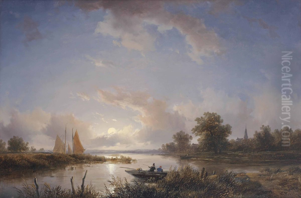 Anglers in a Rowing Boat at Twilight Oil Painting by Remigius Adrianus Haanen