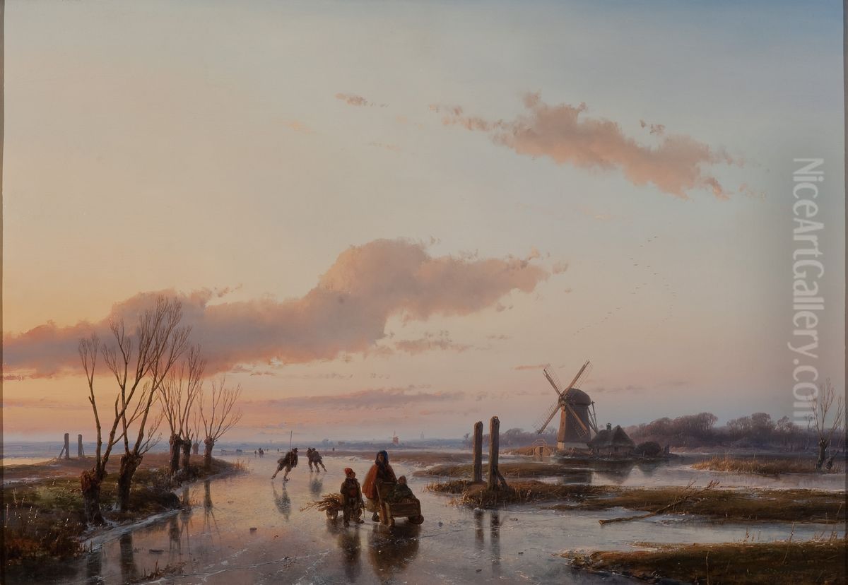 Canal congelatEnglish:Frozen WaterwayFrancais:Canal geleFrysk:Beferzen feartNederlands:Bevroren vaart Oil Painting by Andreas Schelfhout