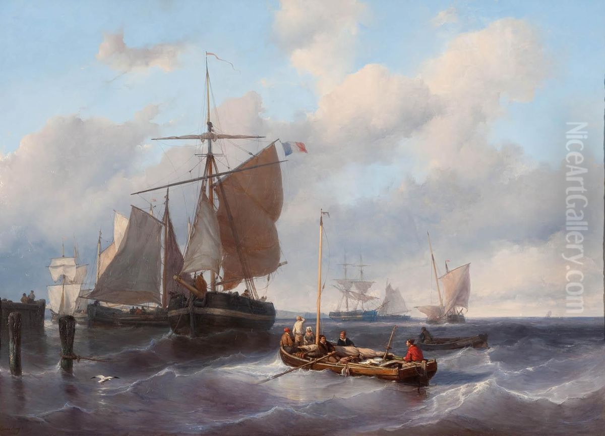 Marine met vissersschepen Oil Painting by Louis Meijer