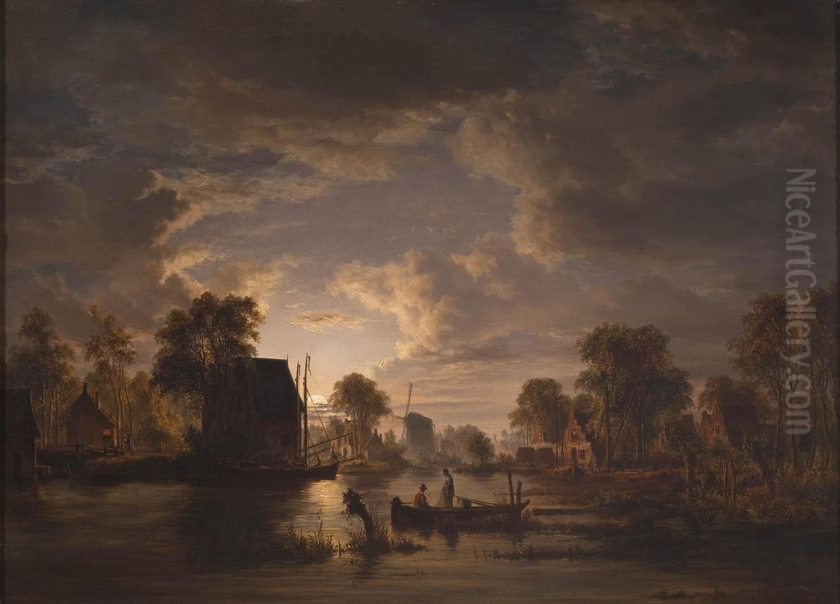 Pulling in the Nets by Moonlight Oil Painting by Jacob Abels