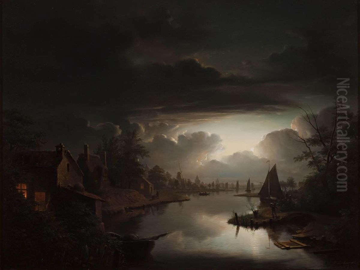 River Landscape in Silver Moonlight Oil Painting by Petrus van Schendel