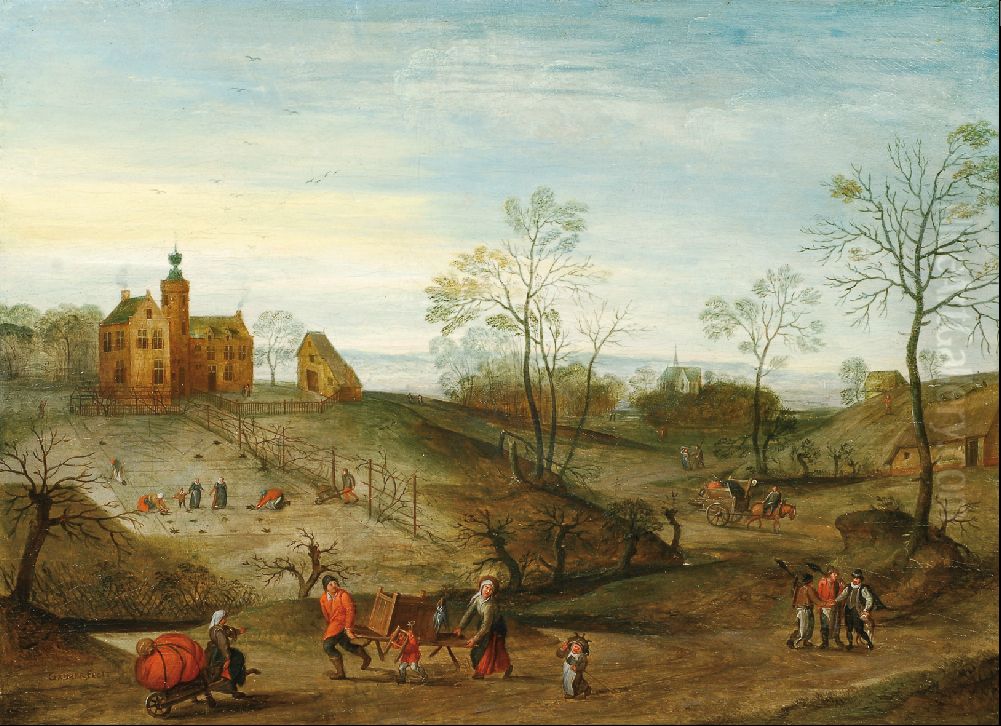 The preparations for winter in a panoramic landscape Oil Painting by Jacob Grimmer