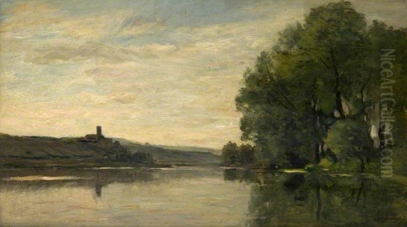 Chateau Gaillard, the Seine at Roche Guyon Oil Painting by Charles-Francois Daubigny