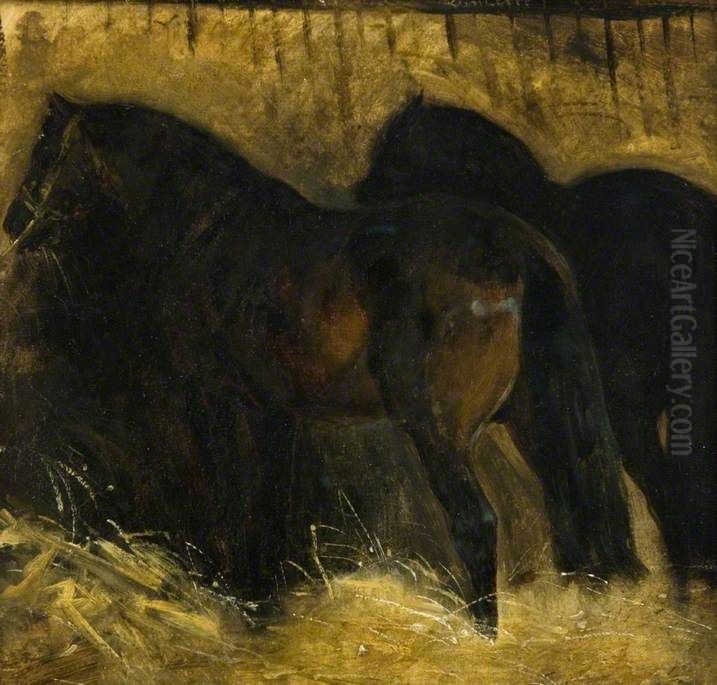 Two Brown Horses in a Stall Oil Painting by Theodore Gericault