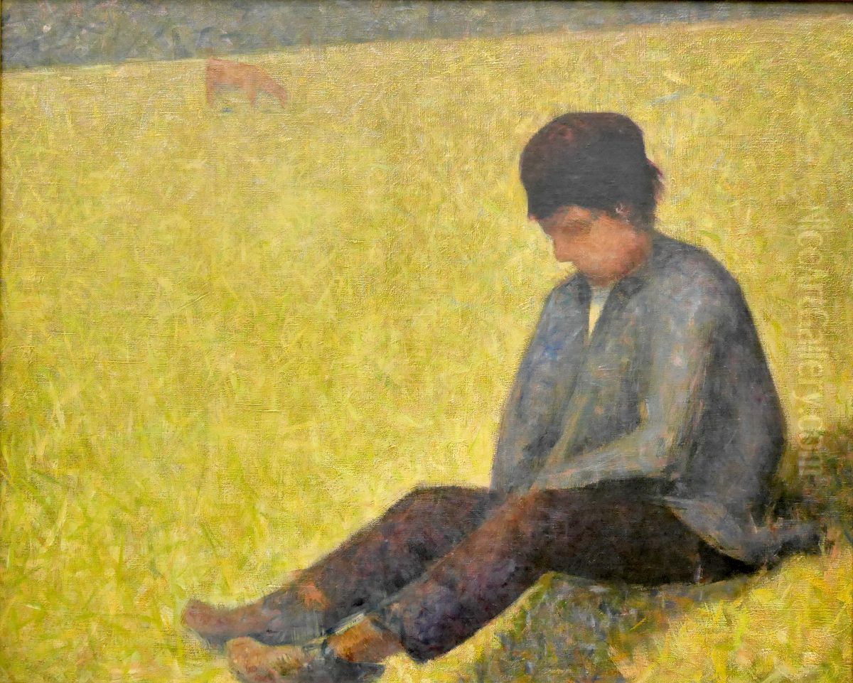 Auf einer Wiese sitzender Knabe Oil Painting by Georges Seurat