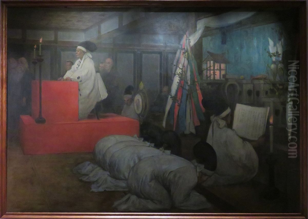 Predications et offrandes au temple de Tenmangu a Kyoto Oil Painting by Felix Elie Regamey